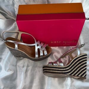 Kate Spade “Lindsay” Silver and Navy Wedge Sandals